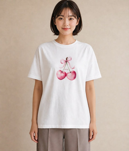 グラフィックTシャツ レディース さくらんぼ チェリー 食べ物 フード イラスト シック クリスマス 旅行 白T YMAZO