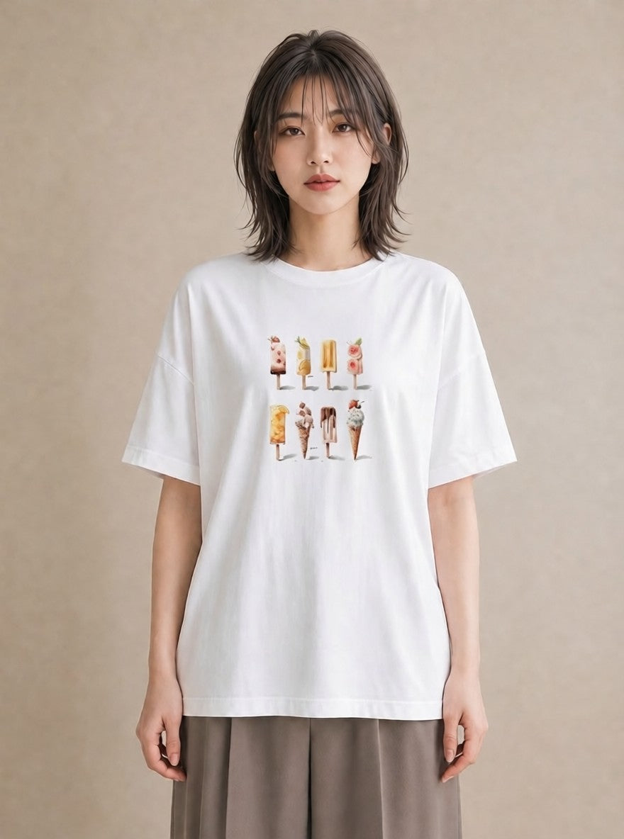 半袖Tシャツ レディース アイス 食べ物 フード イラスト ゆるコーデ ママ カフェ服 白T YMAZO