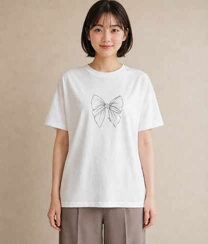 グラフィックTシャツ レディース リボン 蝶結び ナチュラル アンティーク イラスト 手描き風 散歩 お出かけ 白T YMAZO