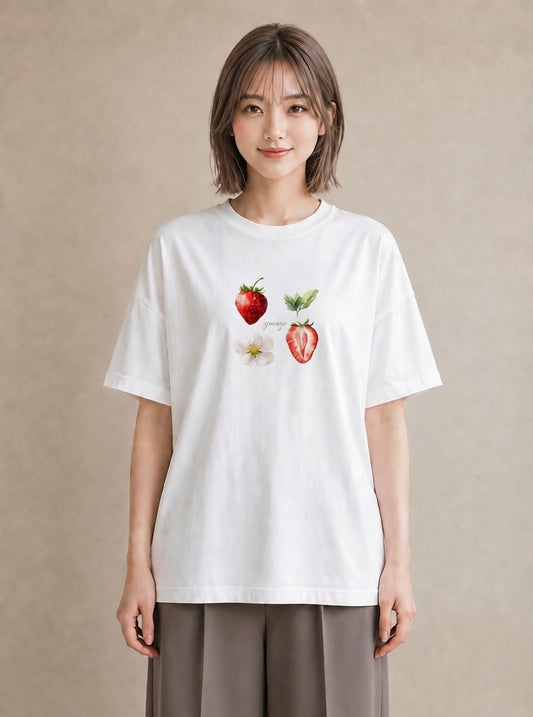半袖Tシャツ レディース いちご 苺 ストロベリー 食べ物 フード イラスト ギフト 母の日 白T YMAZO