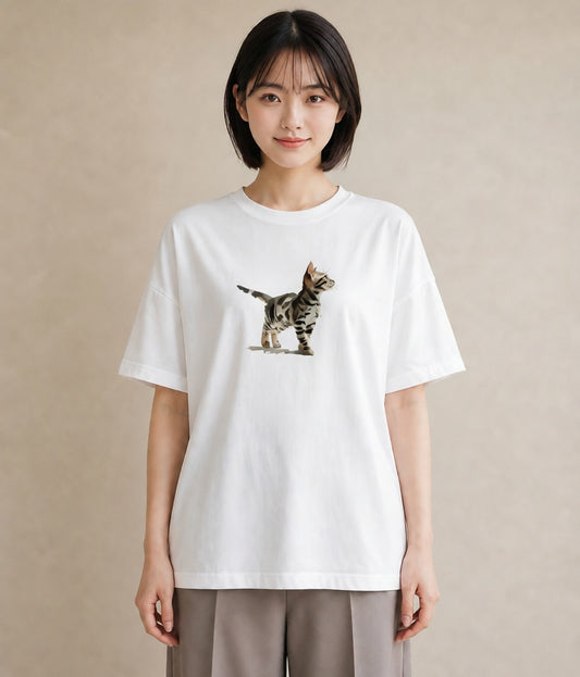 Tシャツ レディース 子猫 猫 ねこ イラスト ボタニカル 買い物 夏コーデ 白T YMAZO