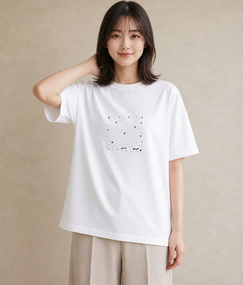 デザインTシャツ レディース 月と星 星空 ムーン イラスト きれいめ 通勤 在宅 白T YMAZO