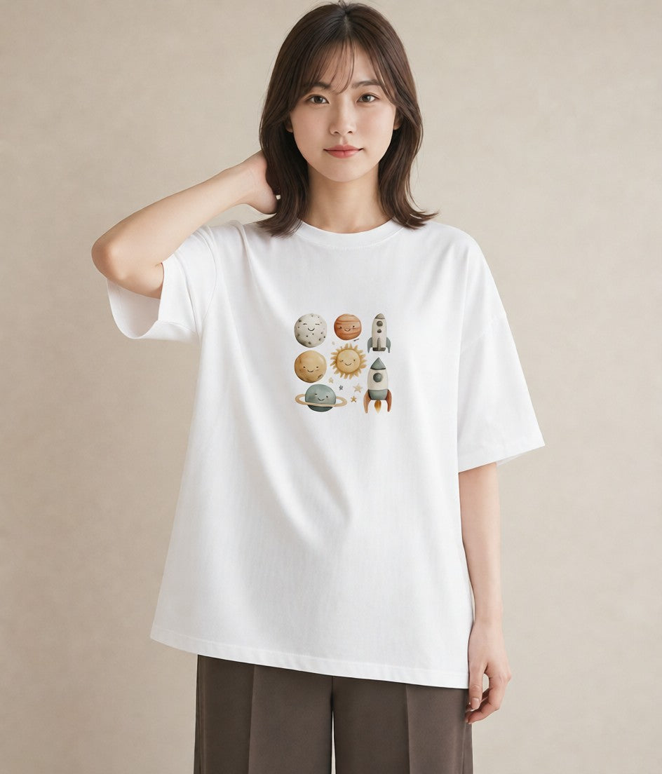 Tシャツ レディース プラネット 星空 宇宙 イラスト 旅行コーデ 帰省 ラフ 白T YMAZO