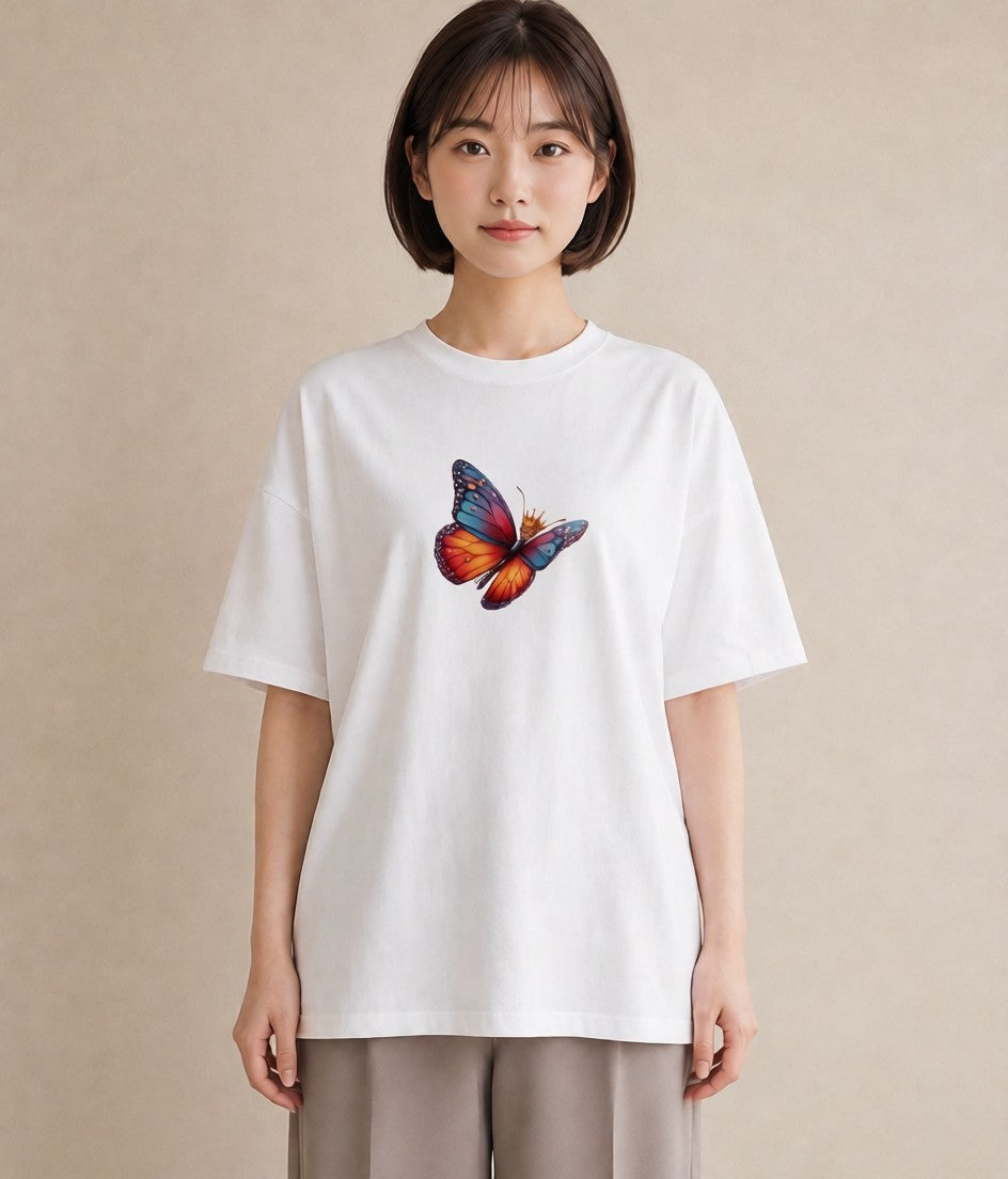 半袖Tシャツ レディース ちょうちょ 蝶 バタフライ 昆虫 虫 イラスト 春服 ミセス 白T YMAZO