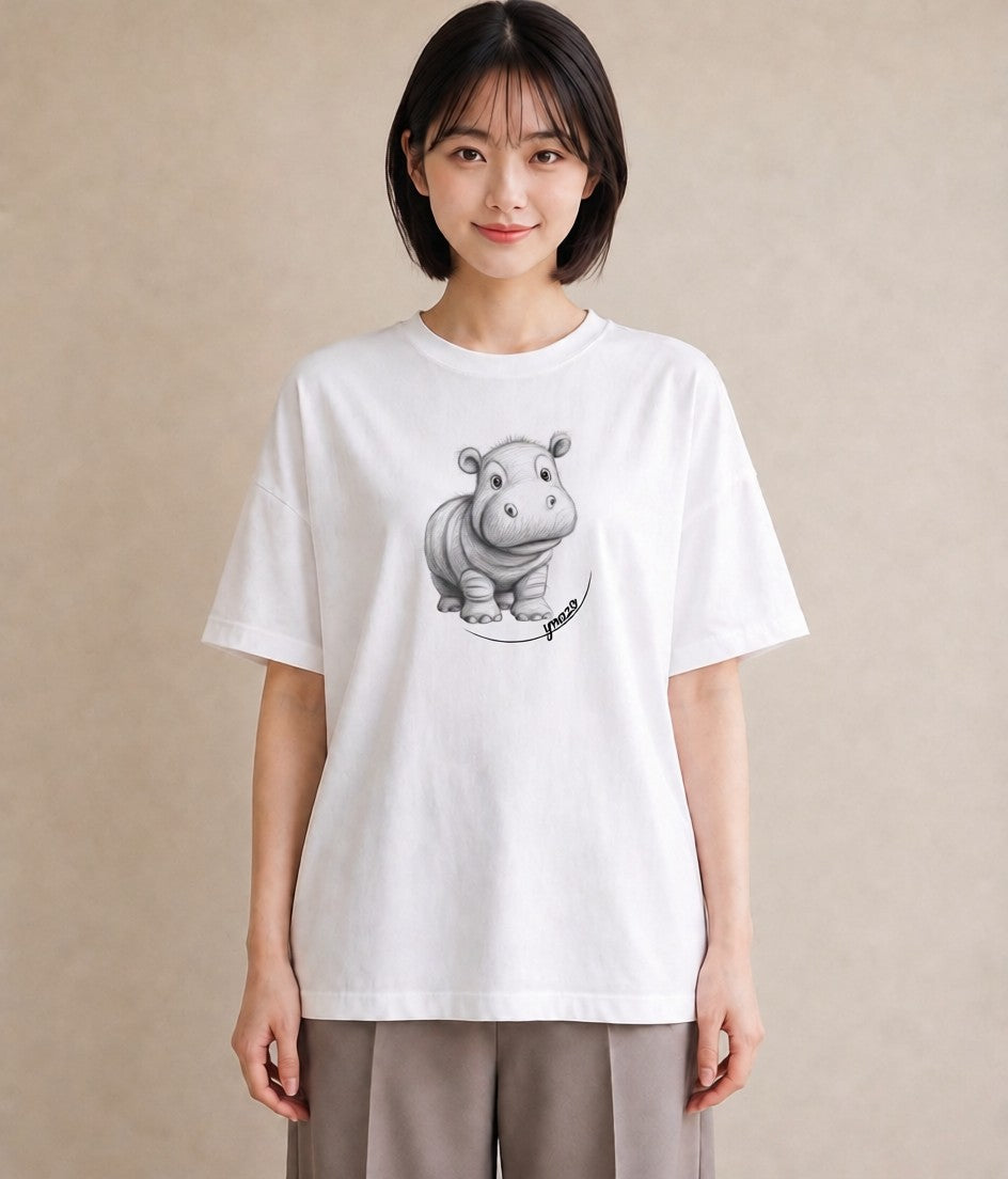 プリントTシャツ レディース カバ 動物 アニマル イラスト 水彩風 散歩 お出かけ 白T YMAZO