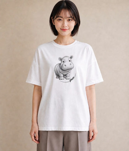 プリントTシャツ レディース カバ 動物 アニマル イラスト 水彩風 散歩 お出かけ 白T YMAZO