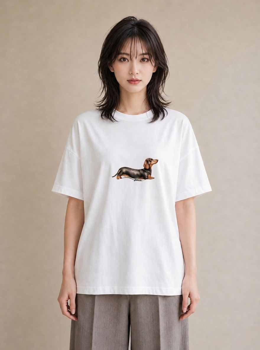 デザインTシャツ レディース ミニチュアダックスフンド 犬 いぬ イラスト ミニマル 親子 20代 白T YMAZO
