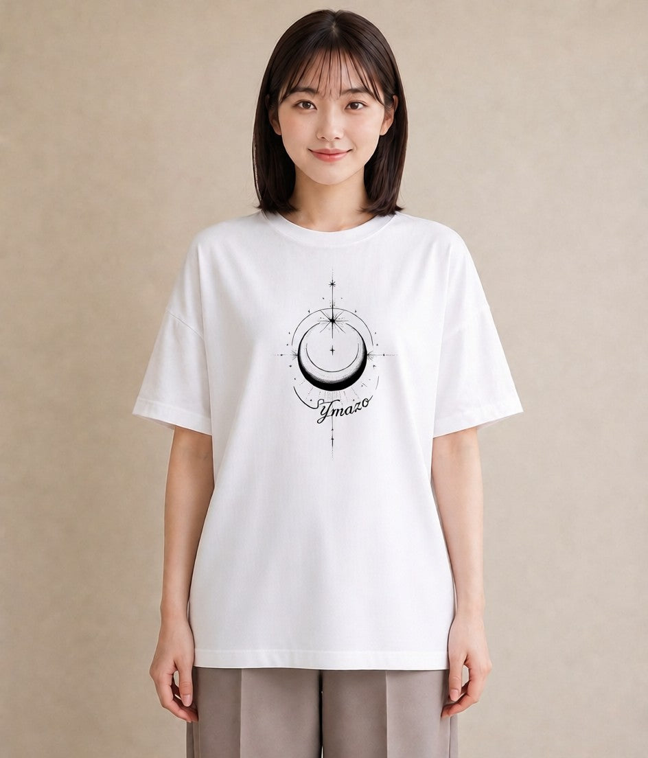 半袖Tシャツ レディース 月と星 星空 ムーン イラスト お洒落 買い物 夏コーデ 白T YMAZO