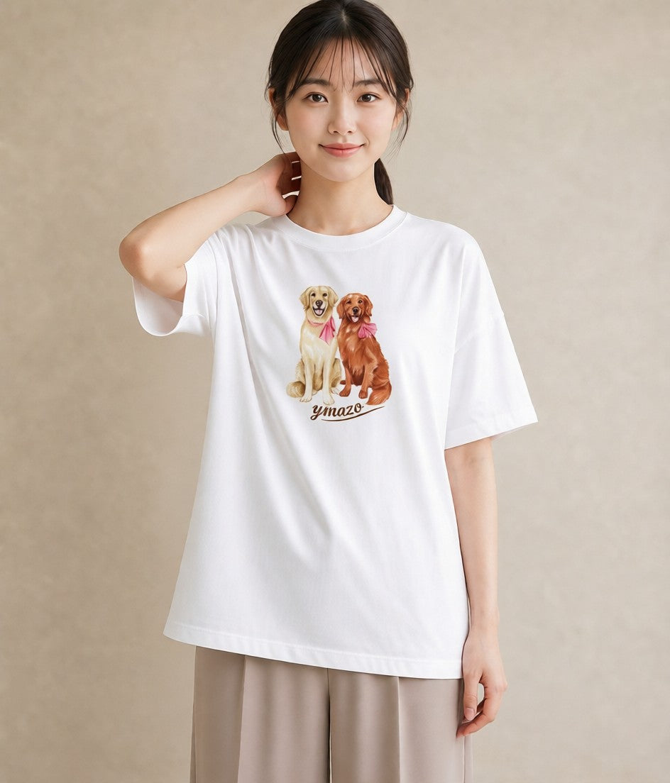 グラフィックTシャツ レディース ゴールデンレトリバー ゴールデン 犬 いぬ イラスト ヴィンテージ風 レイヤード 友達ギフト 白T YMAZO