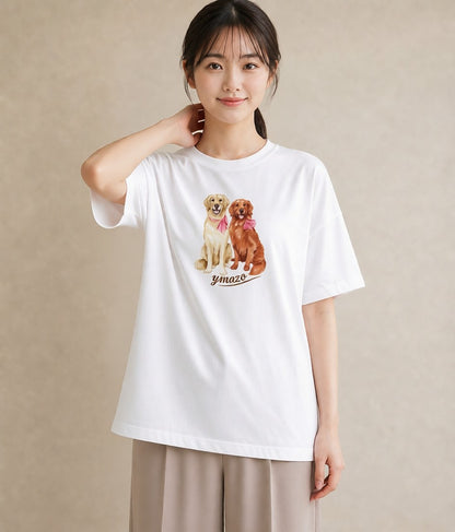 グラフィックTシャツ レディース ゴールデンレトリバー ゴールデン 犬 いぬ イラスト ヴィンテージ風 レイヤード 友達ギフト 白T YMAZO