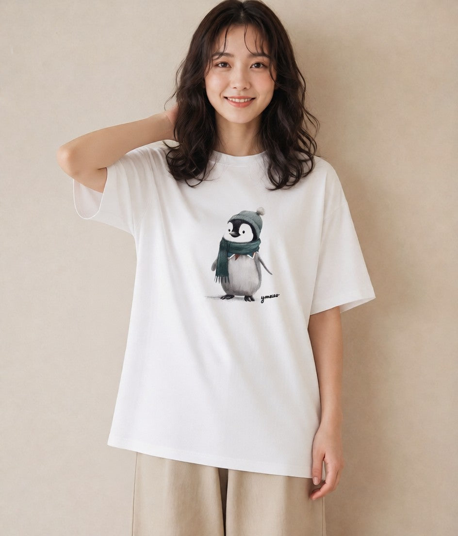 プリントTシャツ レディース コウテイペンギン 動物 アニマル イラスト ユニーク 親子 20代 白T YMAZO