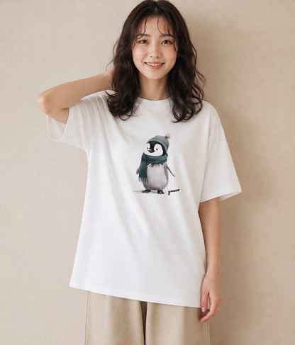 プリントTシャツ レディース コウテイペンギン 動物 アニマル イラスト ユニーク 親子 20代 白T YMAZO