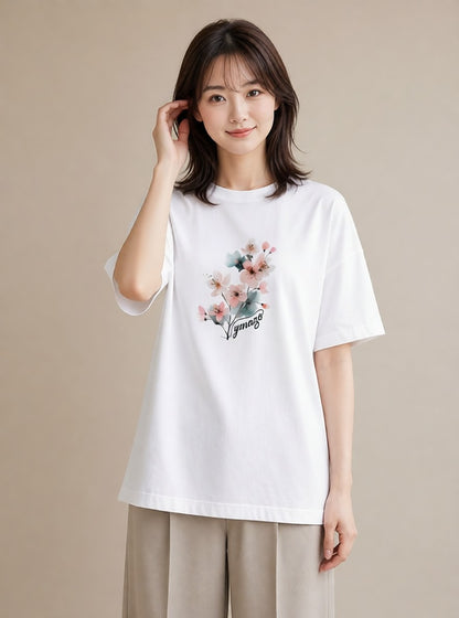 Tシャツ レディース 梅 花 花柄 イラスト ボタニカル 在宅 公園 白T
