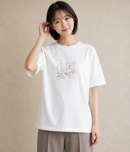 半袖Tシャツ レディース 梅 花 花柄 イラスト 普段着 週末コーデ 白T YMAZO