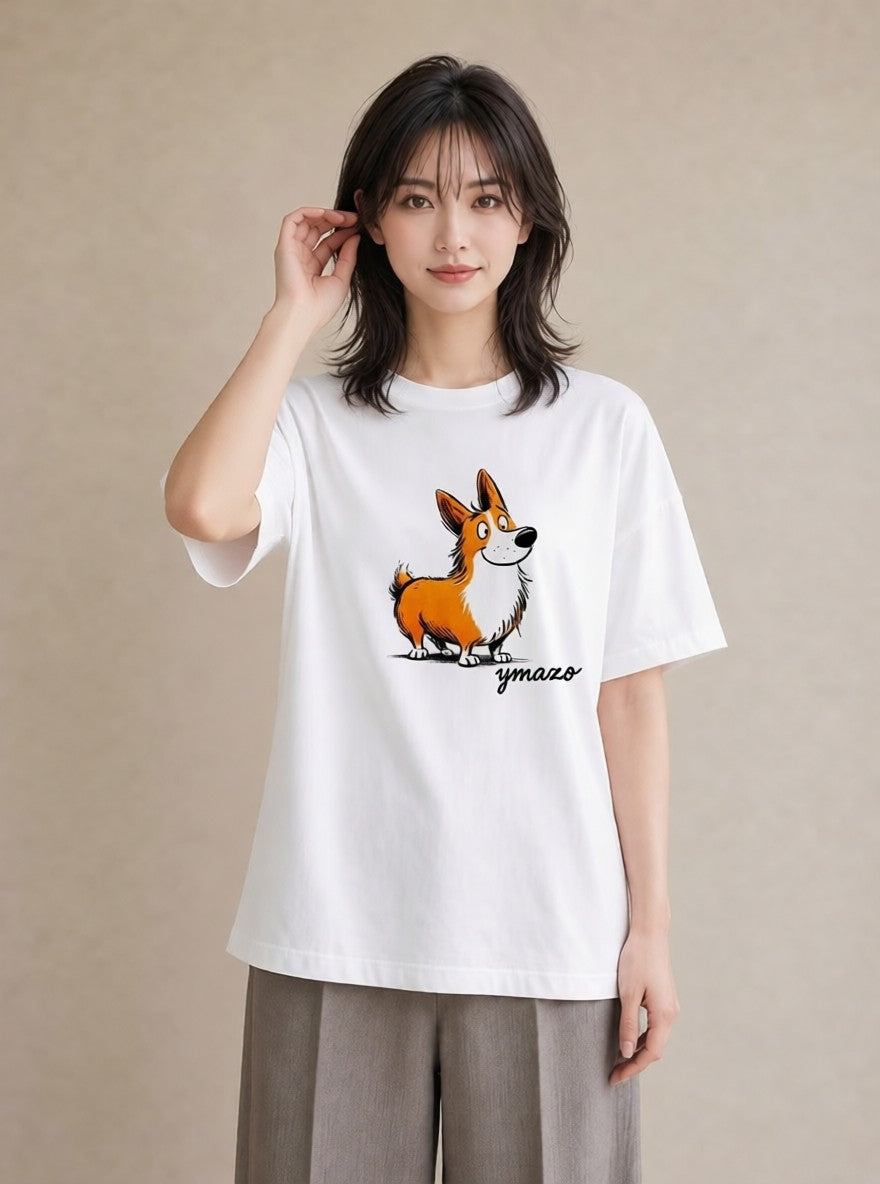 半袖Tシャツ レディース ウェルシュコーギー コーギー 犬 いぬ イラスト 上品 春服 ミセス 白T YMAZO