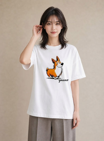 半袖Tシャツ レディース ウェルシュコーギー コーギー 犬 いぬ イラスト 上品 春服 ミセス 白T YMAZO