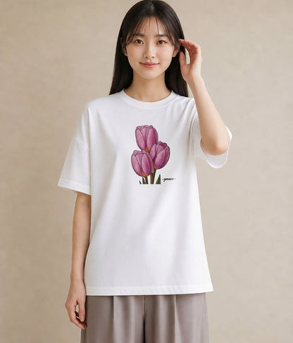 グラフィックTシャツ レディース チューリップ 花 花柄 イラスト シック 友達ギフト 部屋着 白T YMAZO