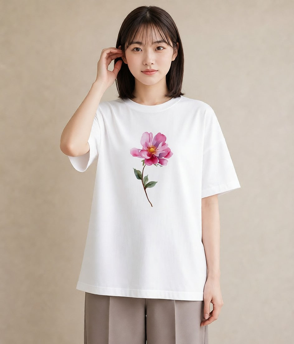 グラフィックTシャツ レディース コスモス 秋桜 花 花柄 イラスト ガーリー 社会人 女性 白T YMAZO