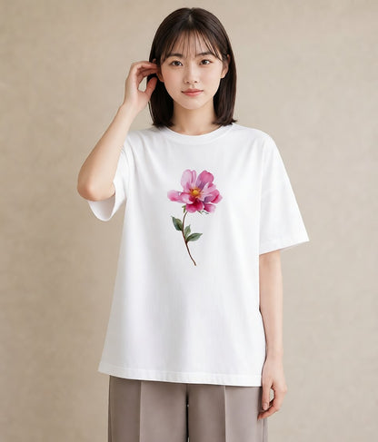 グラフィックTシャツ レディース コスモス 秋桜 花 花柄 イラスト ガーリー 社会人 女性 白T YMAZO