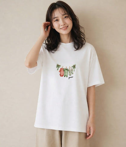 デザインTシャツ レディース 洗濯物 風 ナチュラル アンティーク イラスト きれいめカジュアル 母娘コーデ 自分用 白T YMAZO