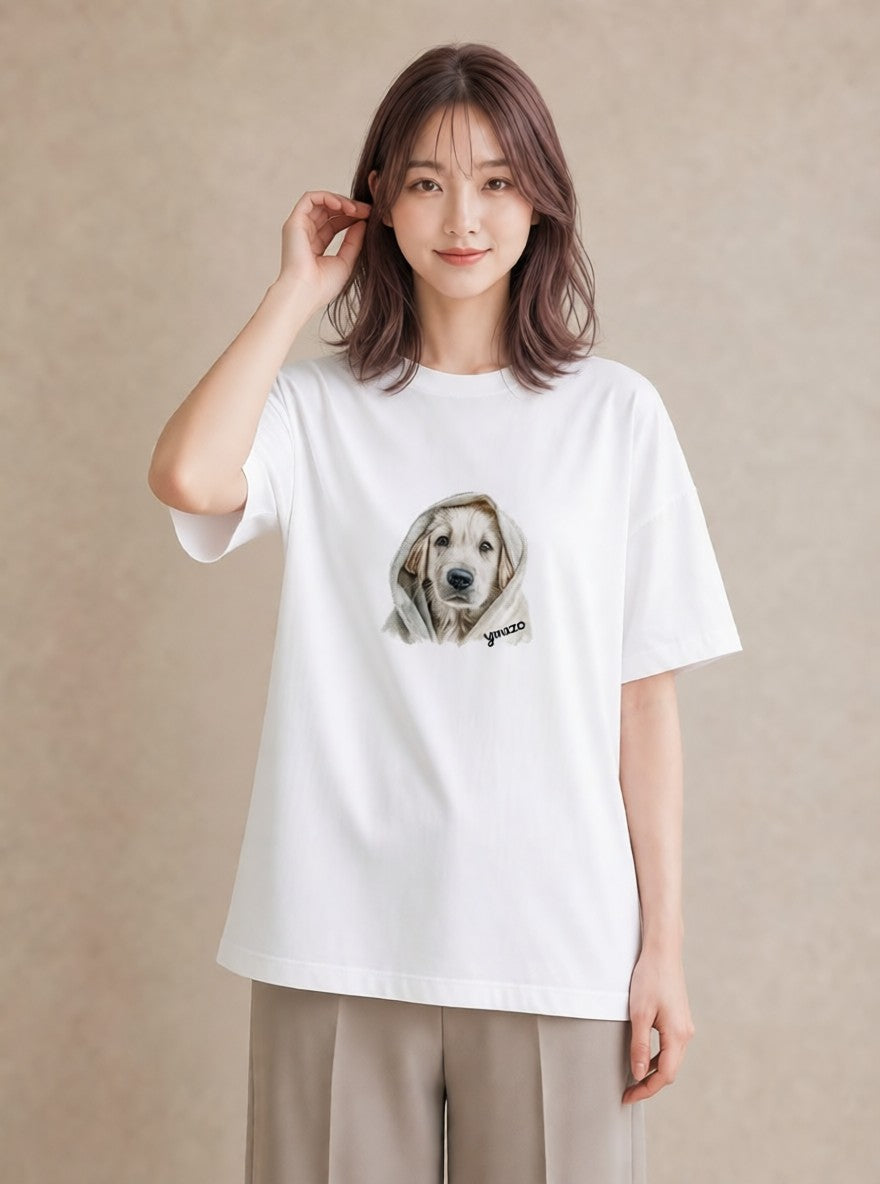 半袖Tシャツ レディース ゴールデンレトリバー ゴールデン 犬 いぬ イラスト きれいめカジュアル 買い物 夏コーデ 白T YMAZO