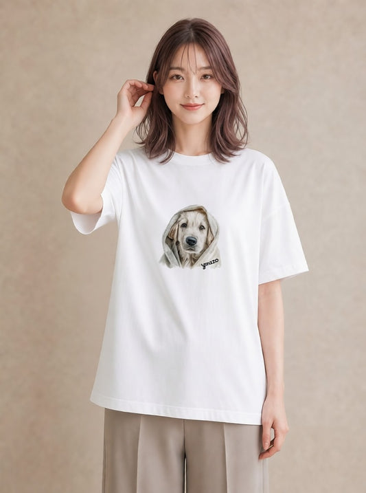 半袖Tシャツ レディース ゴールデンレトリバー ゴールデン 犬 いぬ イラスト きれいめカジュアル 買い物 夏コーデ 白T YMAZO