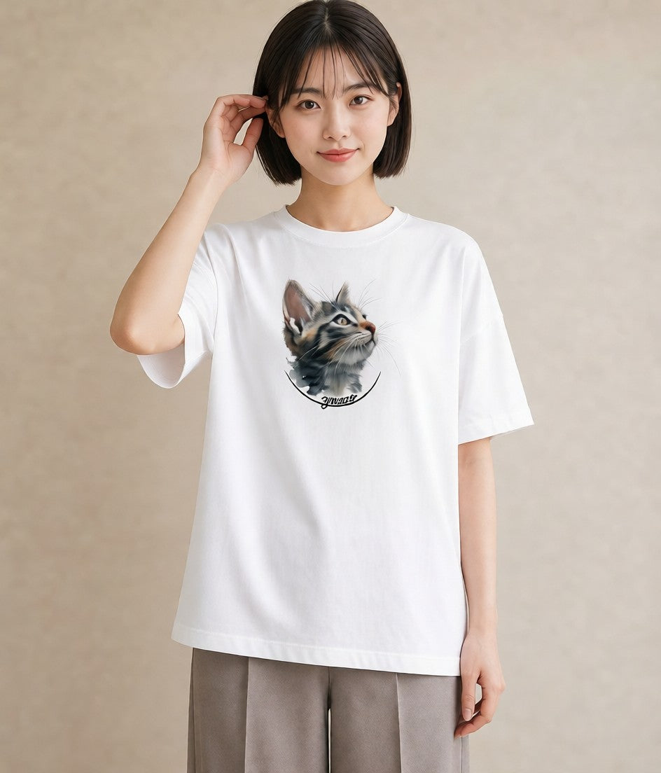 デザインTシャツ レディース サビ猫 猫 ねこ イラスト ゆるコーデ 誕生日プレゼント 綿100 白T YMAZO