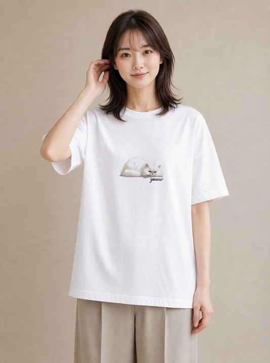 デザインTシャツ レディース ブリティッシュショートヘア 猫 ねこ イラスト 淡色 綿100 デート 白T YMAZO