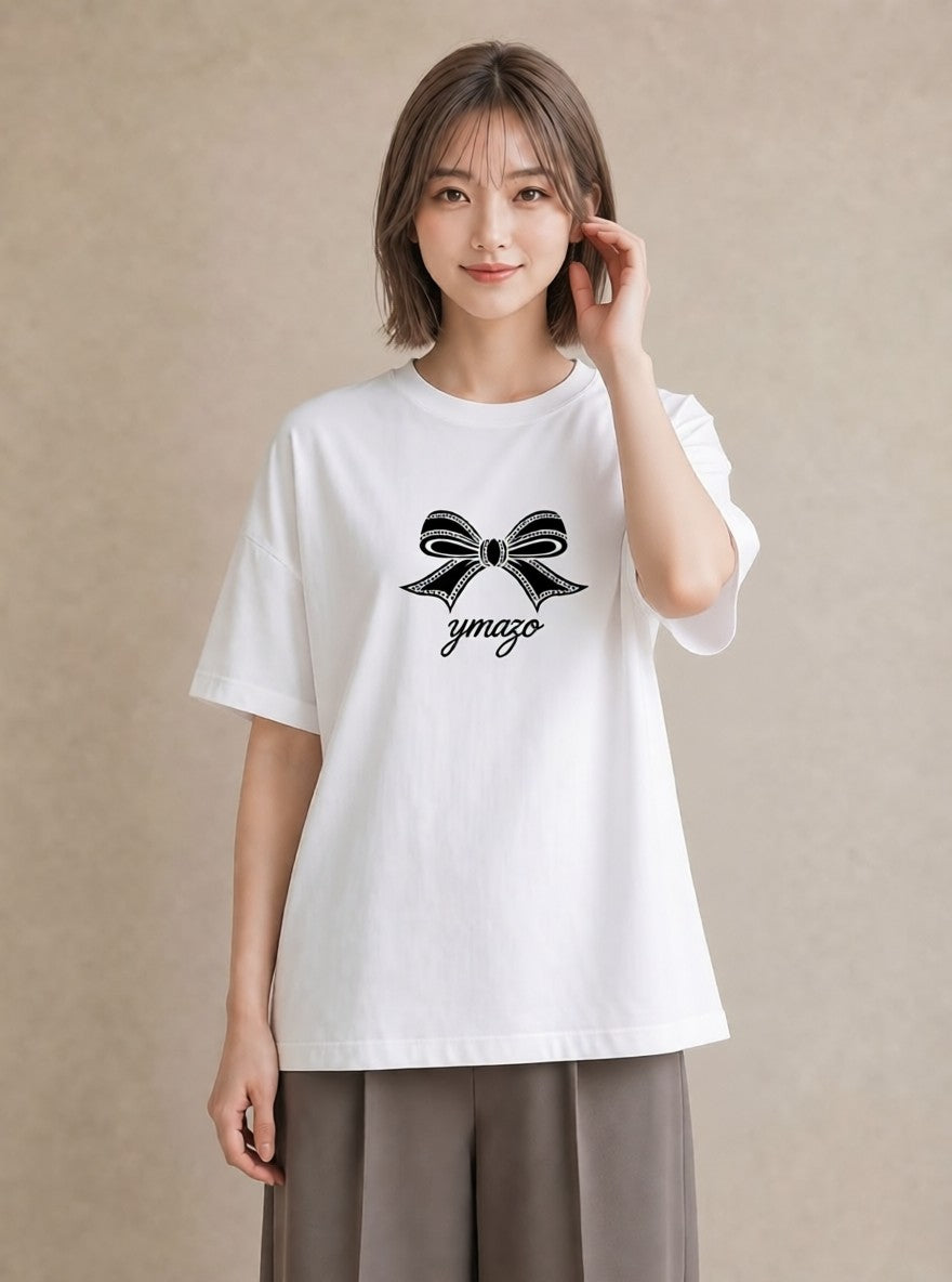 プリントTシャツ レディース リボン 蝶結び ナチュラル アンティーク イラスト カフェ服 クリスマス 白T YMAZO