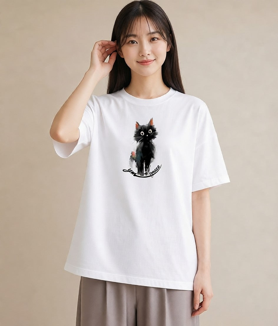 Tシャツ レディース ハチワレ 白黒猫 猫 ねこ イラスト きれいめカジュアル 帰省 ラフ 白T YMAZO