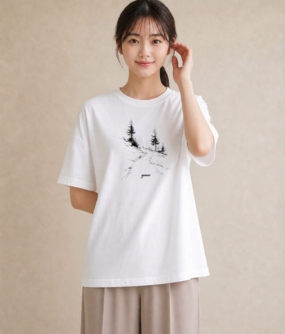デザインTシャツ レディース 雨上がりの小道 雨上がり 小道 ナチュラル アンティーク イラスト 淡色 通勤 在宅 白T YMAZO