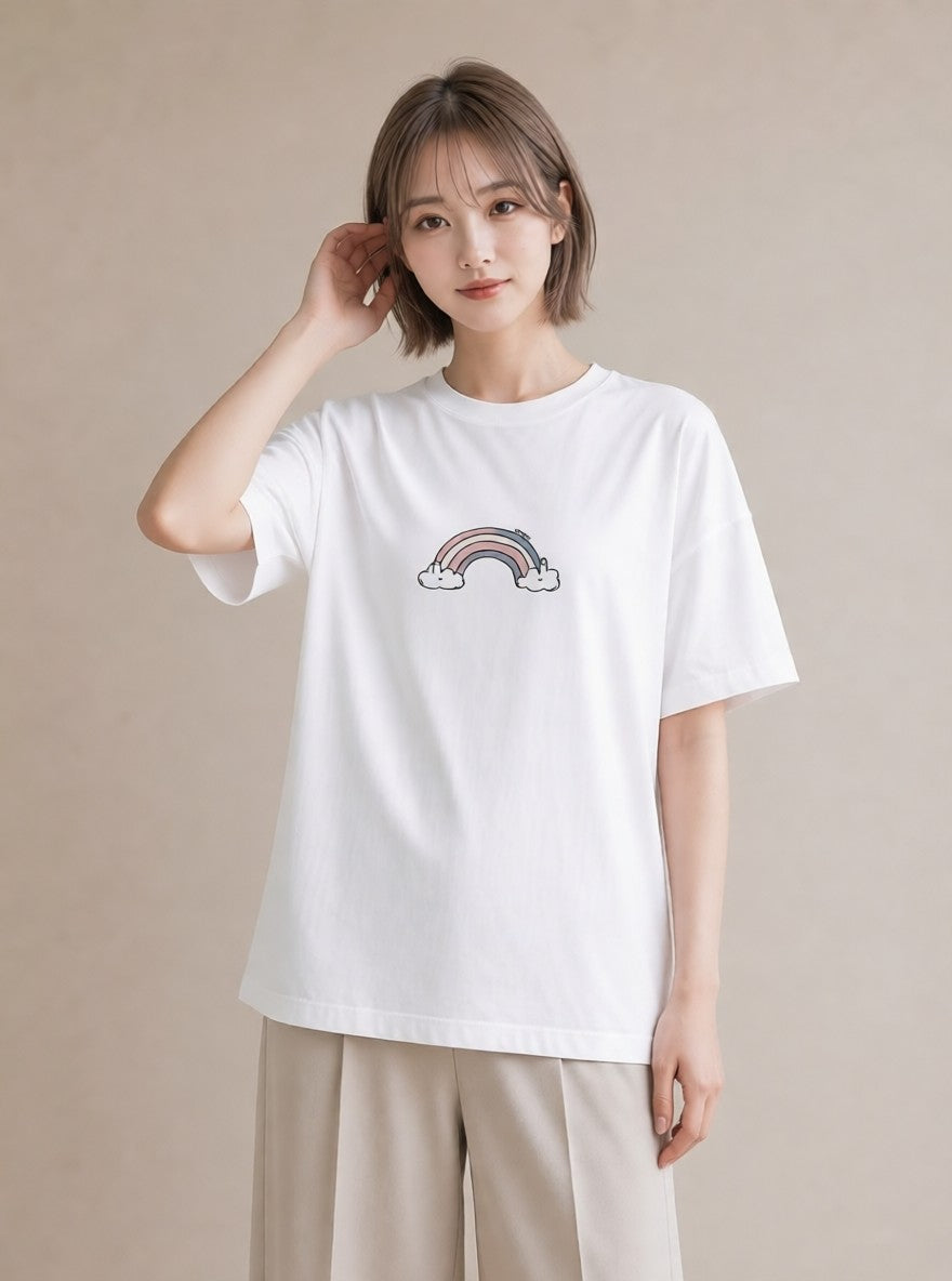 グラフィックTシャツ レディース 虹 星空 宇宙 イラスト 休日 ペアコーデ 白T YMAZO