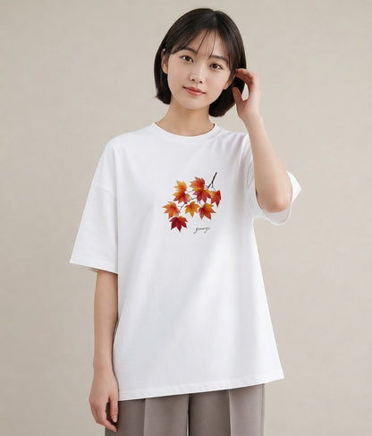 Tシャツ レディース 落ち葉 植物 ボタニカル イラスト モード 在宅 公園 白T YMAZO