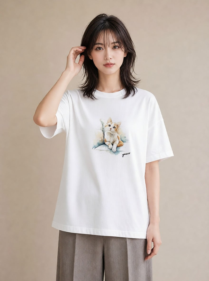 デザインTシャツ レディース サバトラ 猫 ねこ イラスト シック 母の日 ビーチ 白T YMAZO