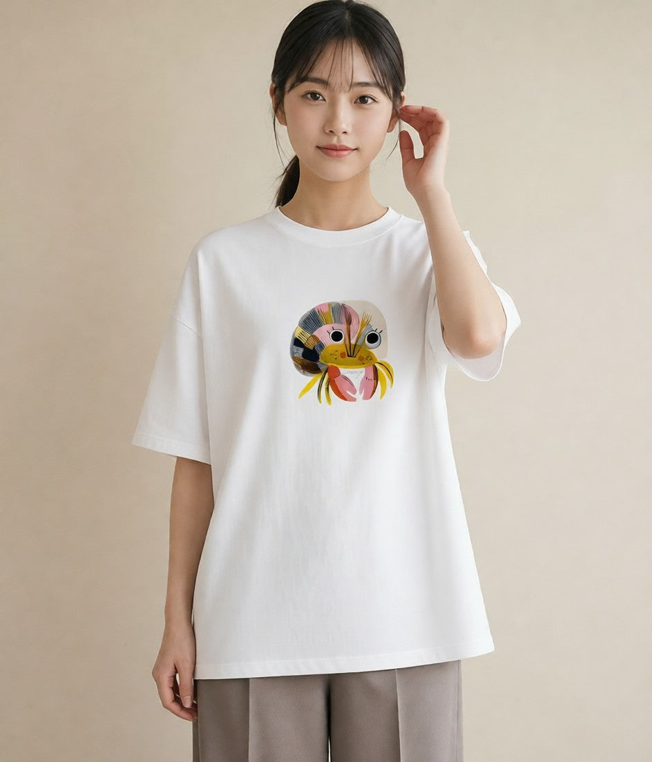 グラフィックTシャツ レディース ヤドカリ 海の生き物 海 イラスト 休日コーデ 女性 旅行用 白T YMAZO