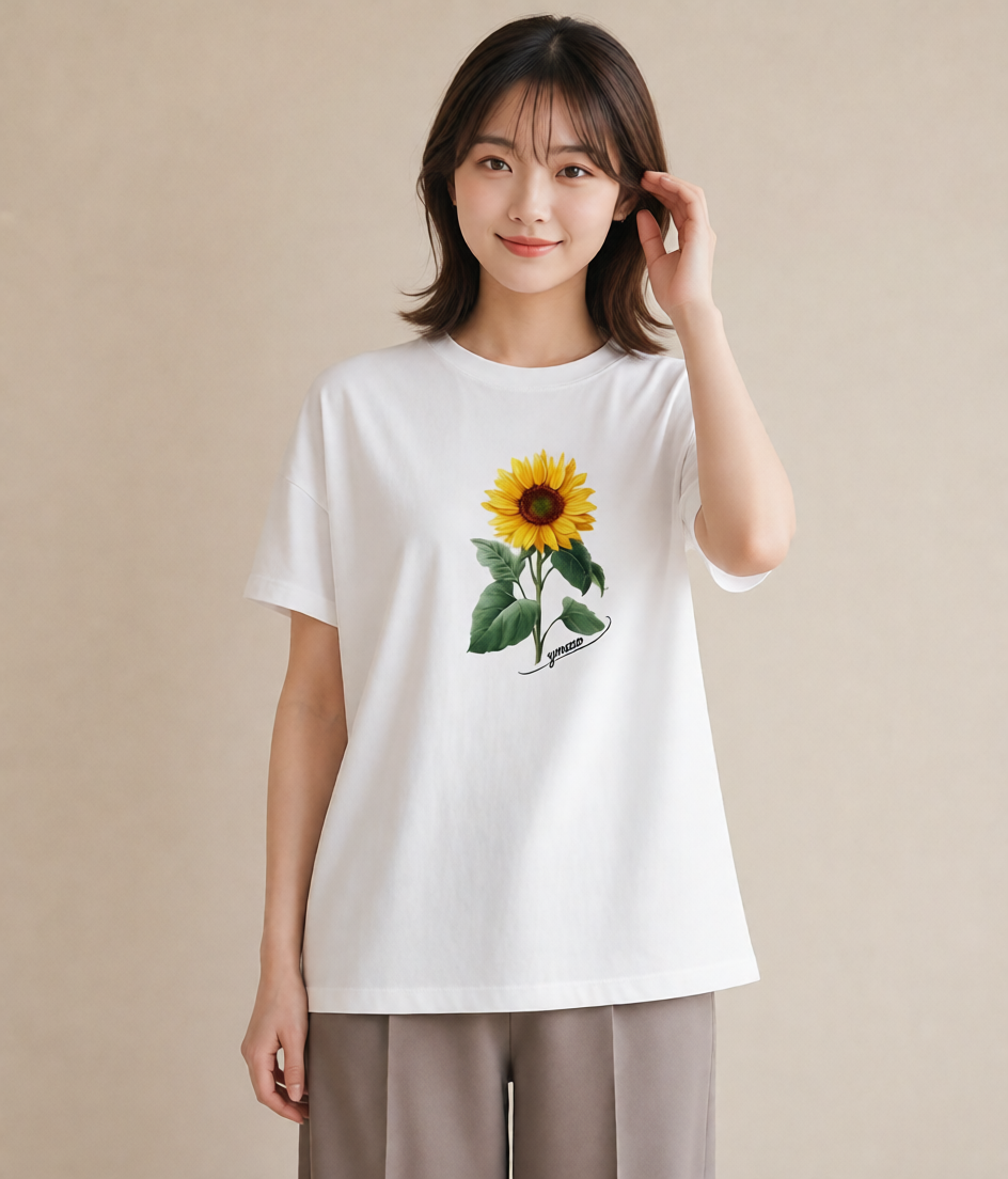 半袖Tシャツ レディース ひまわり 向日葵 花 花柄 イラスト 北欧風 女性 旅行用 白T YMAZO