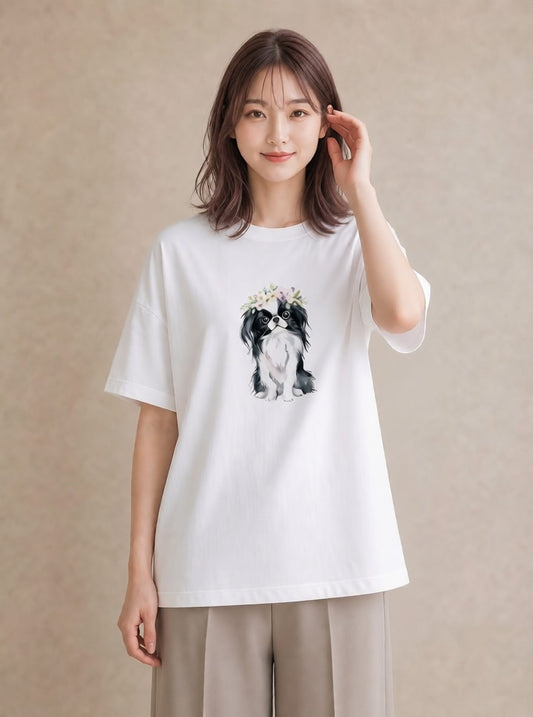 Tシャツ レディース 狆 犬 いぬ イラスト フェミニン ペアコーデ 秋コーデ 白T YMAZO