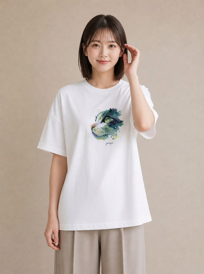 グラフィックTシャツ レディース ベンガル 猫 ねこ イラスト ミニマル 秋コーデ おしゃれギフト 白T YMAZO