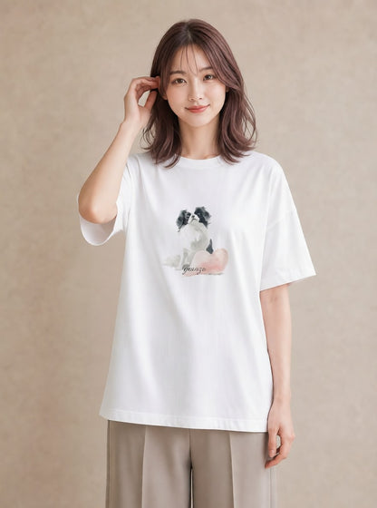 プリントTシャツ レディース 狆 犬 いぬ イラスト モード 友達ギフト 部屋着 白T YMAZO