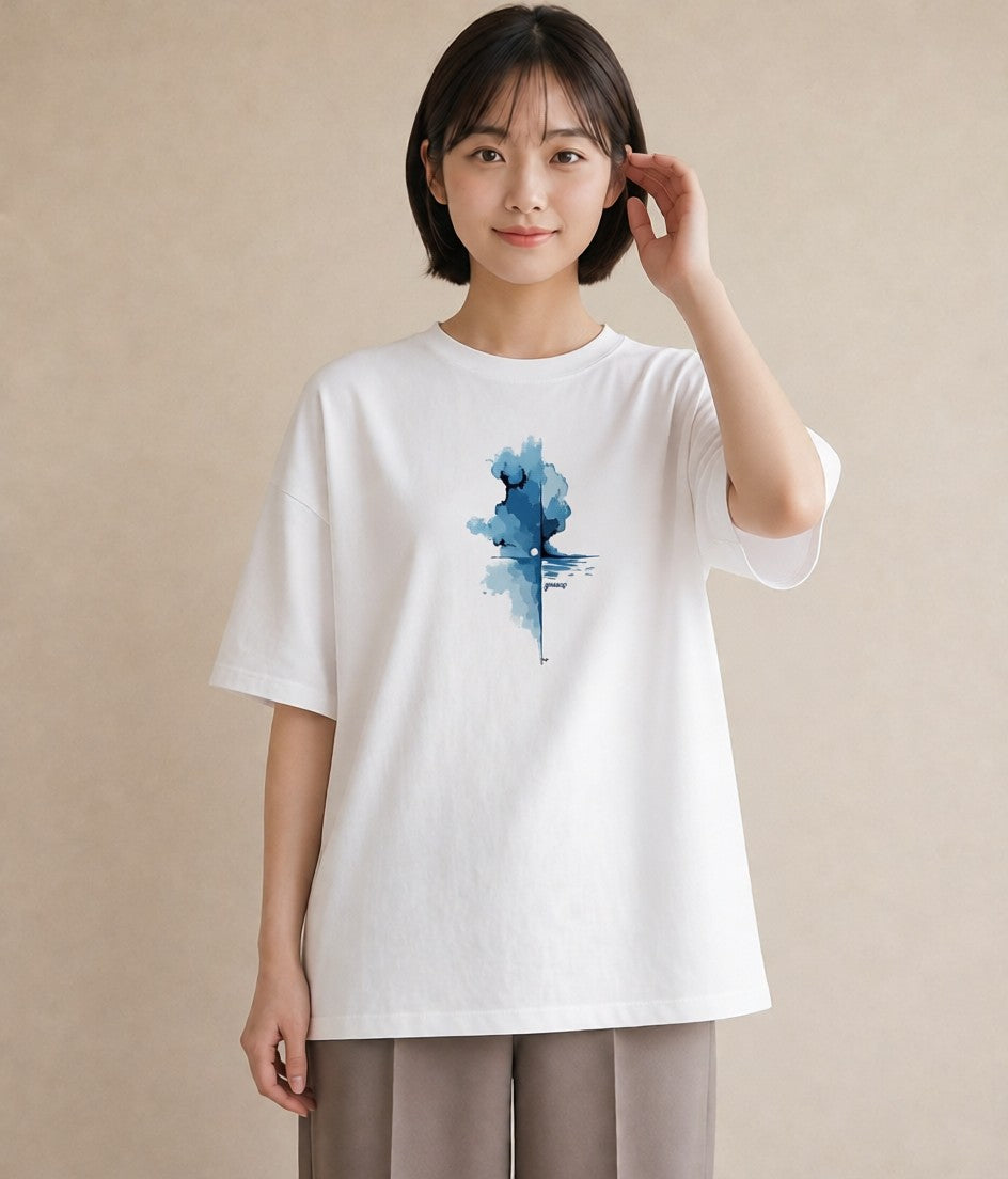 Tシャツ レディース 傘 水たまり 雨 ナチュラル アンティーク イラスト ガーリー おしゃれギフト 社会人 白T YMAZO