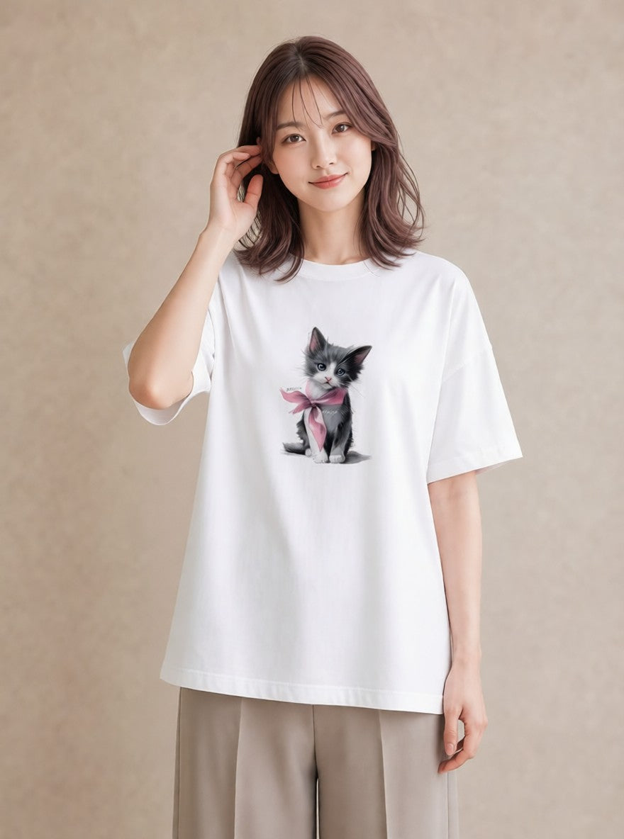 デザインTシャツ レディース ねこ 猫 ネコ イラスト 抜け感 敬老の日 ホワイトデー 白T YMAZO