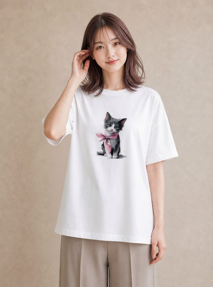 デザインTシャツ レディース ねこ 猫 ネコ イラスト 抜け感 敬老の日 ホワイトデー 白T YMAZO