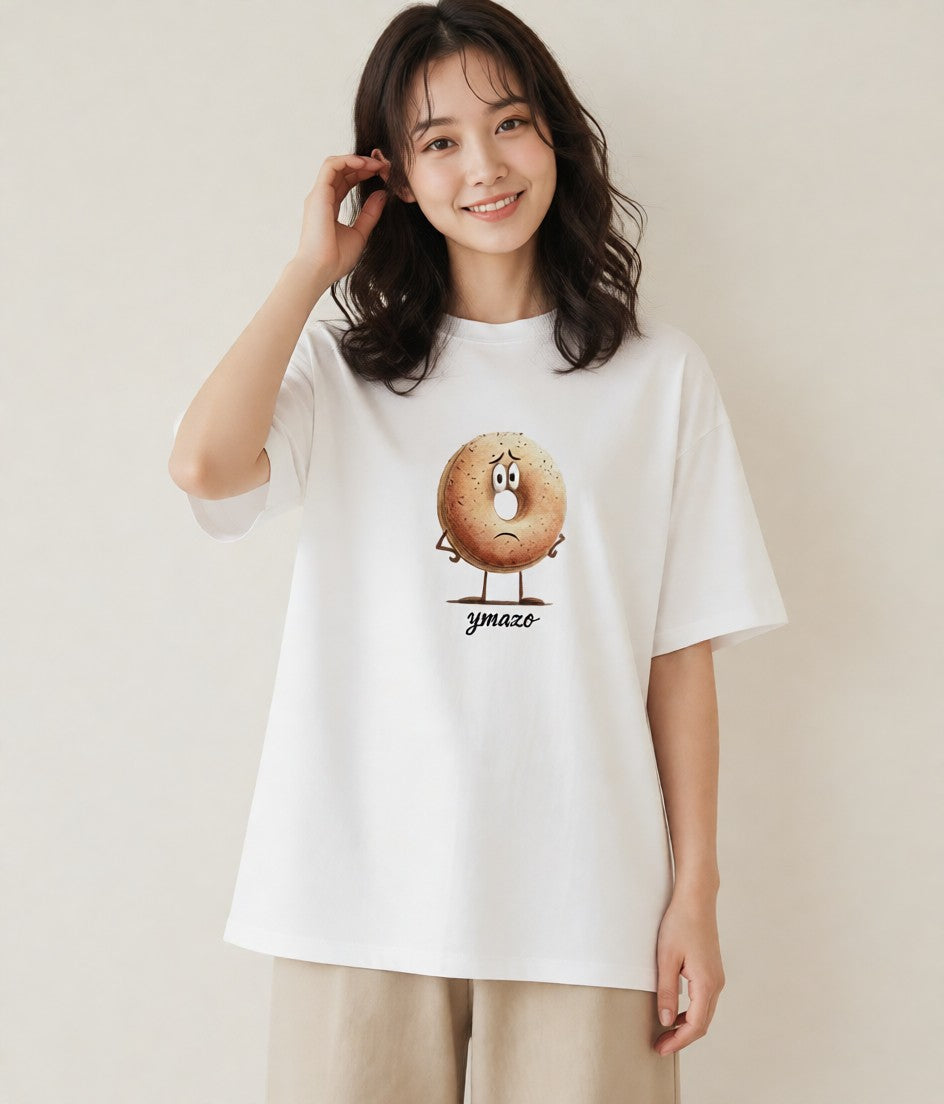 プリントTシャツ レディース ベーグル 食べ物 フード イラスト ミニマル 親子 20代 白T YMAZO