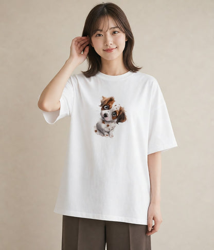 デザインTシャツ レディース キャバリア 犬 いぬ イラスト ヴィンテージ風 ペアコーデ 秋コーデ 白T YMAZO