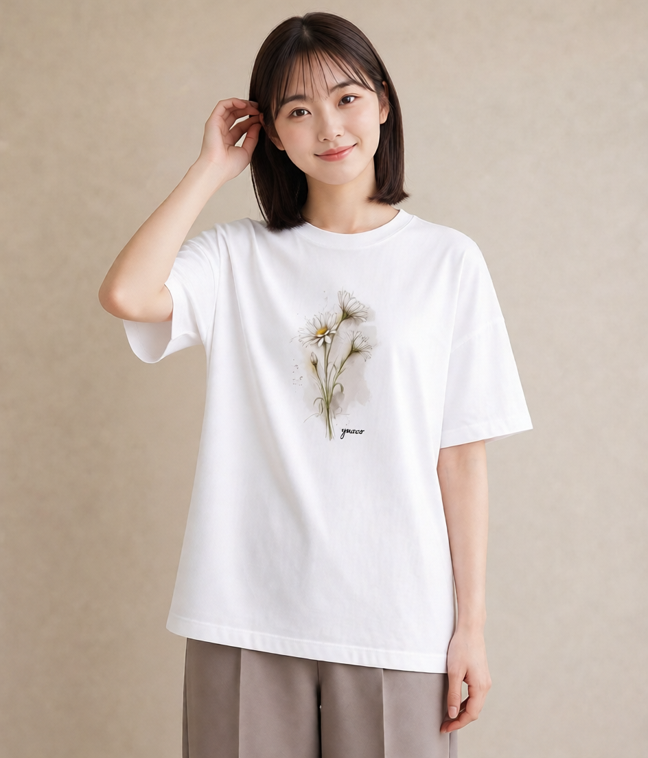 デザインTシャツ レディース マーガレット 花 花柄 イラスト 淡色 自分用 ルームウェア 白T