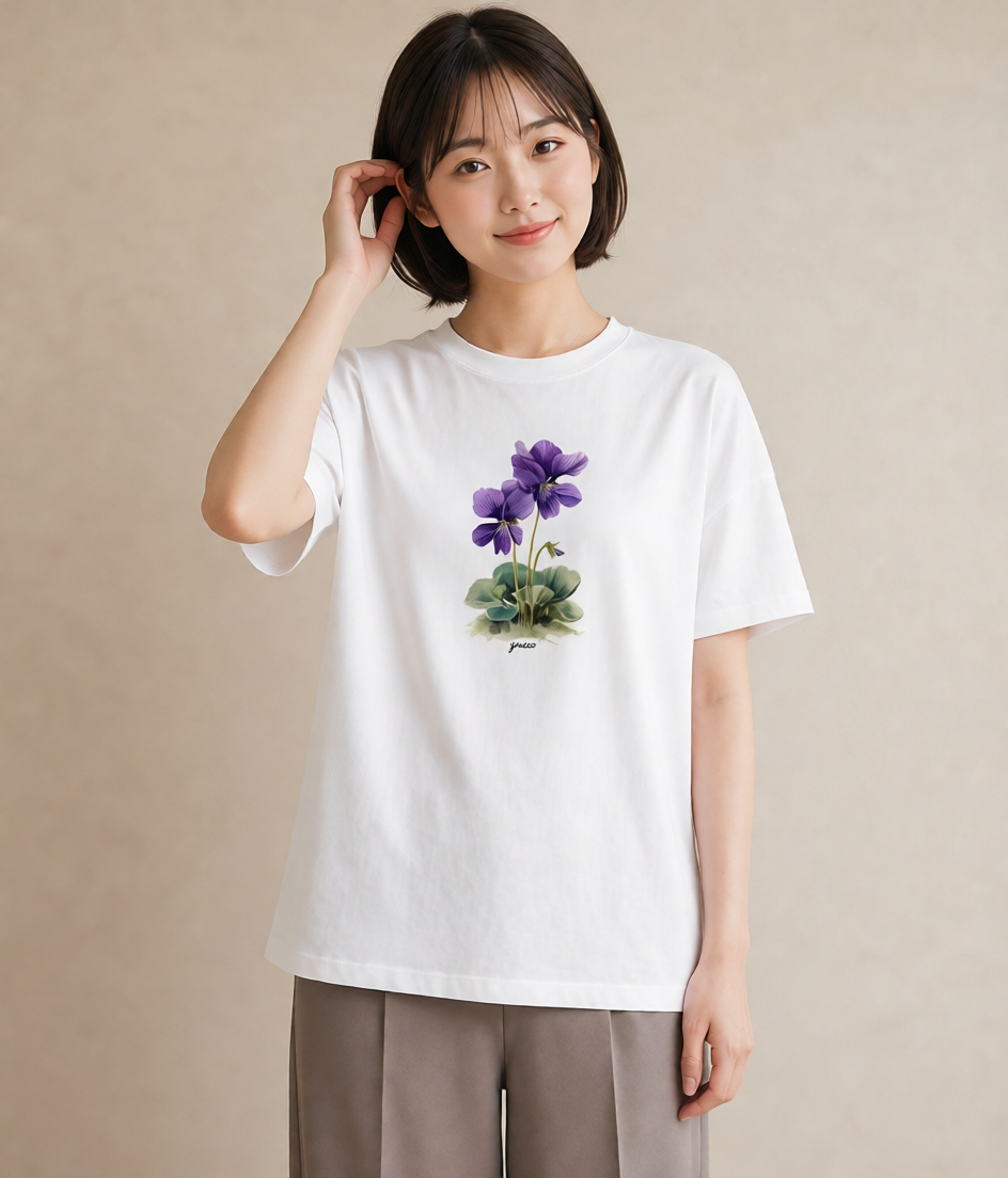グラフィックTシャツ レディース パンジー 花 花柄 イラスト 普段使い 通学 誕生日プレゼント 白T