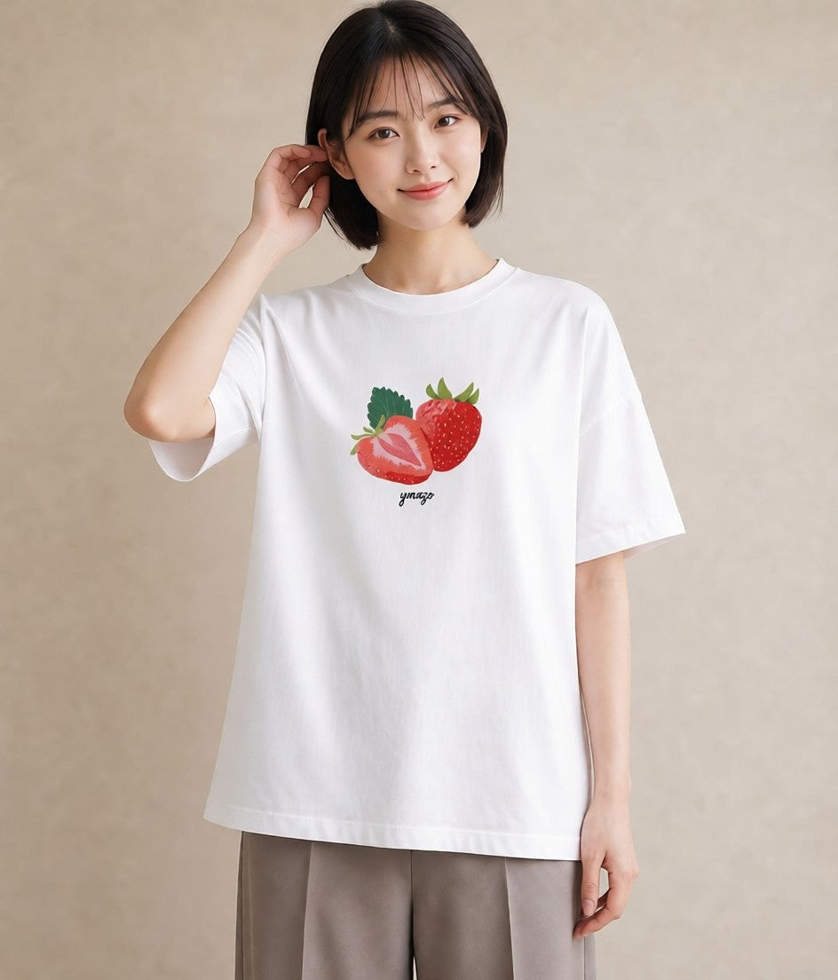 Tシャツ レディース いちご 苺 ストロベリー 食べ物 フード イラスト ニュアンス 親子 20代 白T YMAZO