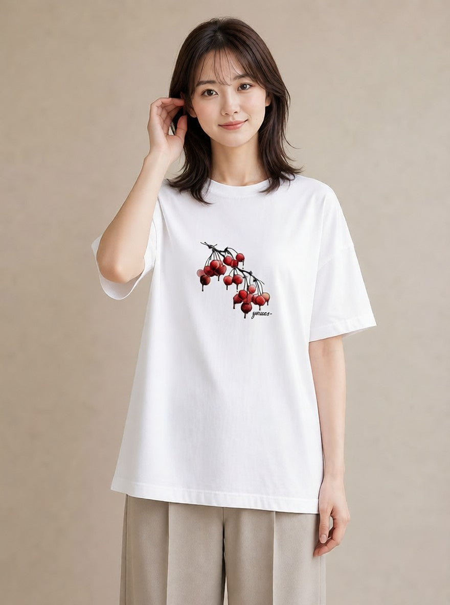 半袖Tシャツ レディース さくらんぼ チェリー 食べ物 フード イラスト 抜け感 友達ギフト 部屋着 白T YMAZO