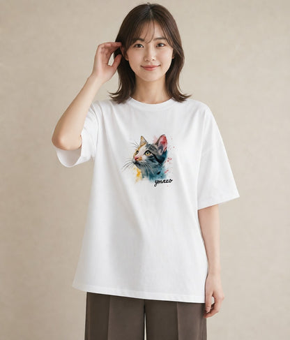 Tシャツ レディース ベンガル 猫 ねこ イラスト モード 誕生日プレゼント 綿100 白T YMAZO