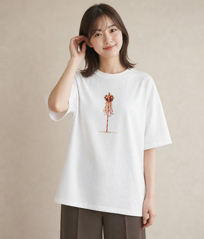 Tシャツ レディース ポスト 野の花 レトロ ナチュラル アンティーク イラスト 韓国風 ママ カフェ服 白T YMAZO